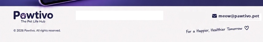 Pawtivo footer with navigation and contact details.